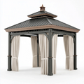 Gartenpavillon 400 x 400 x 350 cm mit Metallgestell Dunkelgrau Beige mit Vorhängen