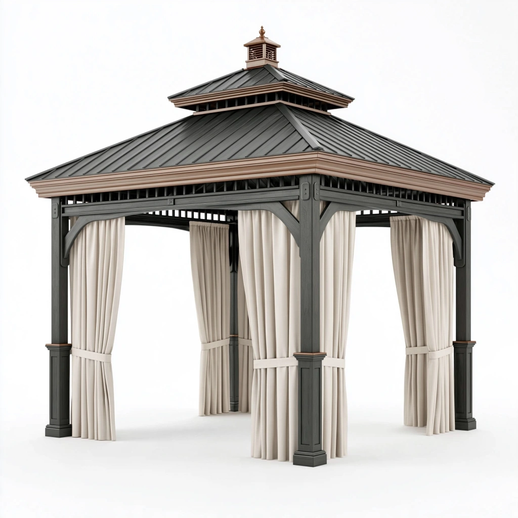 Gartenpavillon 400 x 400 x 350 cm mit Metallgestell Dunkelgrau Beige mit Vorhängen