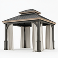 Gartenpavillon 300 x 300 x 300 cm aus Metall und Holzoptik mit Vorhängen