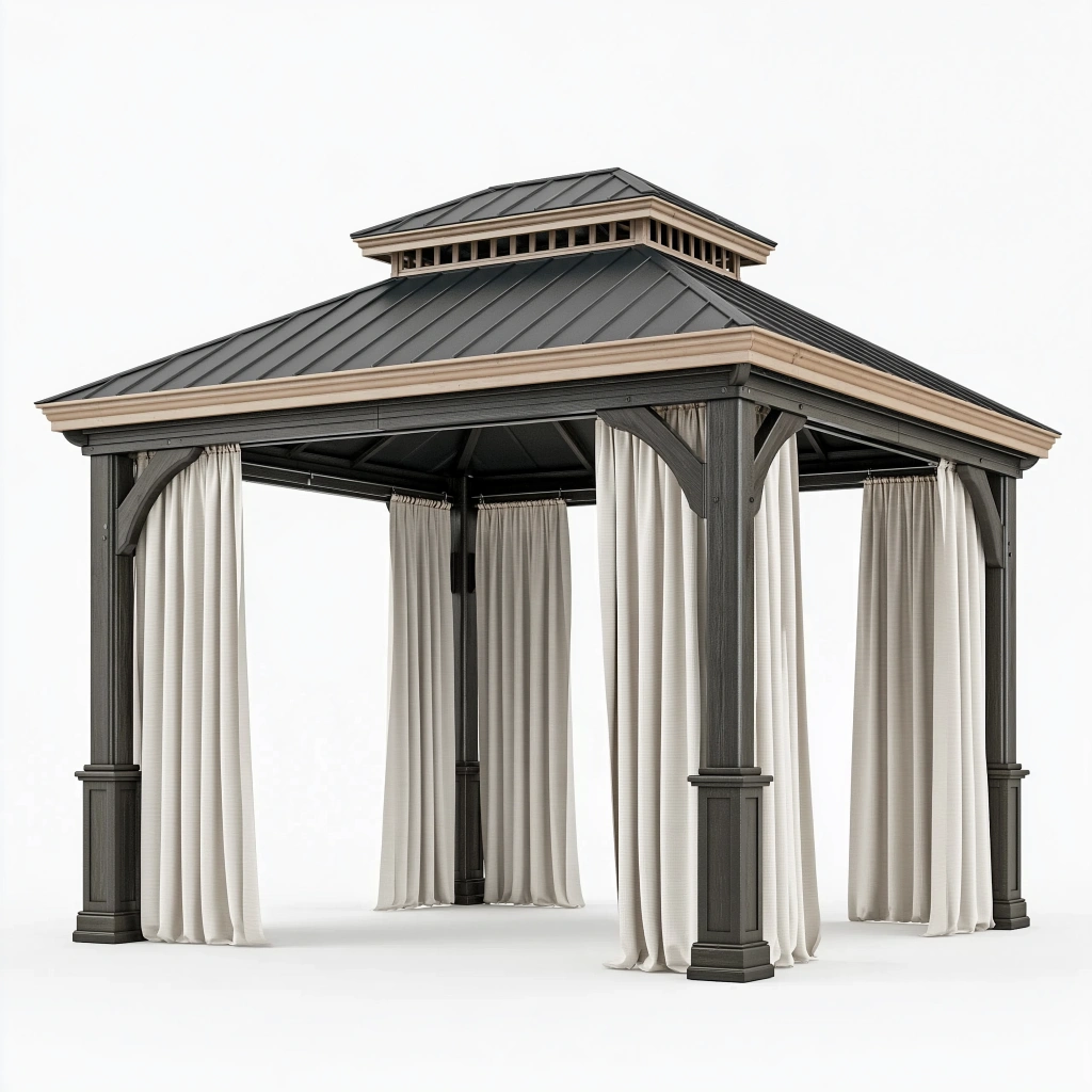 Gartenpavillon 300 x 300 x 300 cm aus Metall und Holzoptik mit Vorhängen