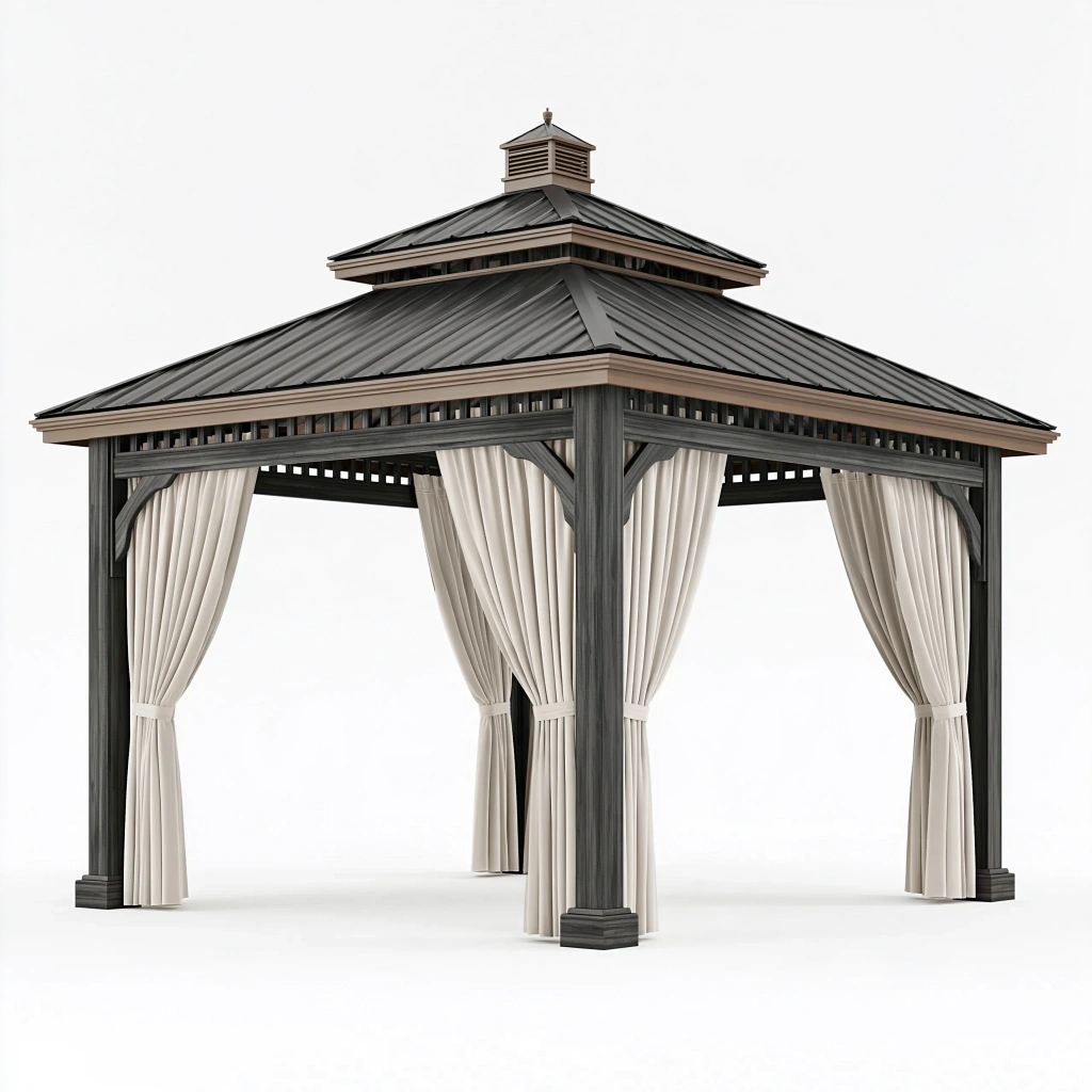 Pavillon 300 x 300 x 300 cm aus Holz und Metall in Anthrazit Beige mit Vorhängen