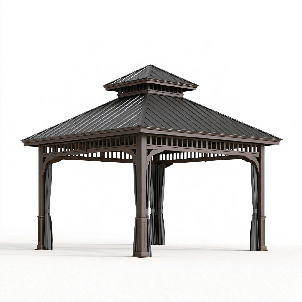 Pavillon 300 x 300 cm aus Metall Dunkelgrau mit Vorhängen und Hardtop Dach