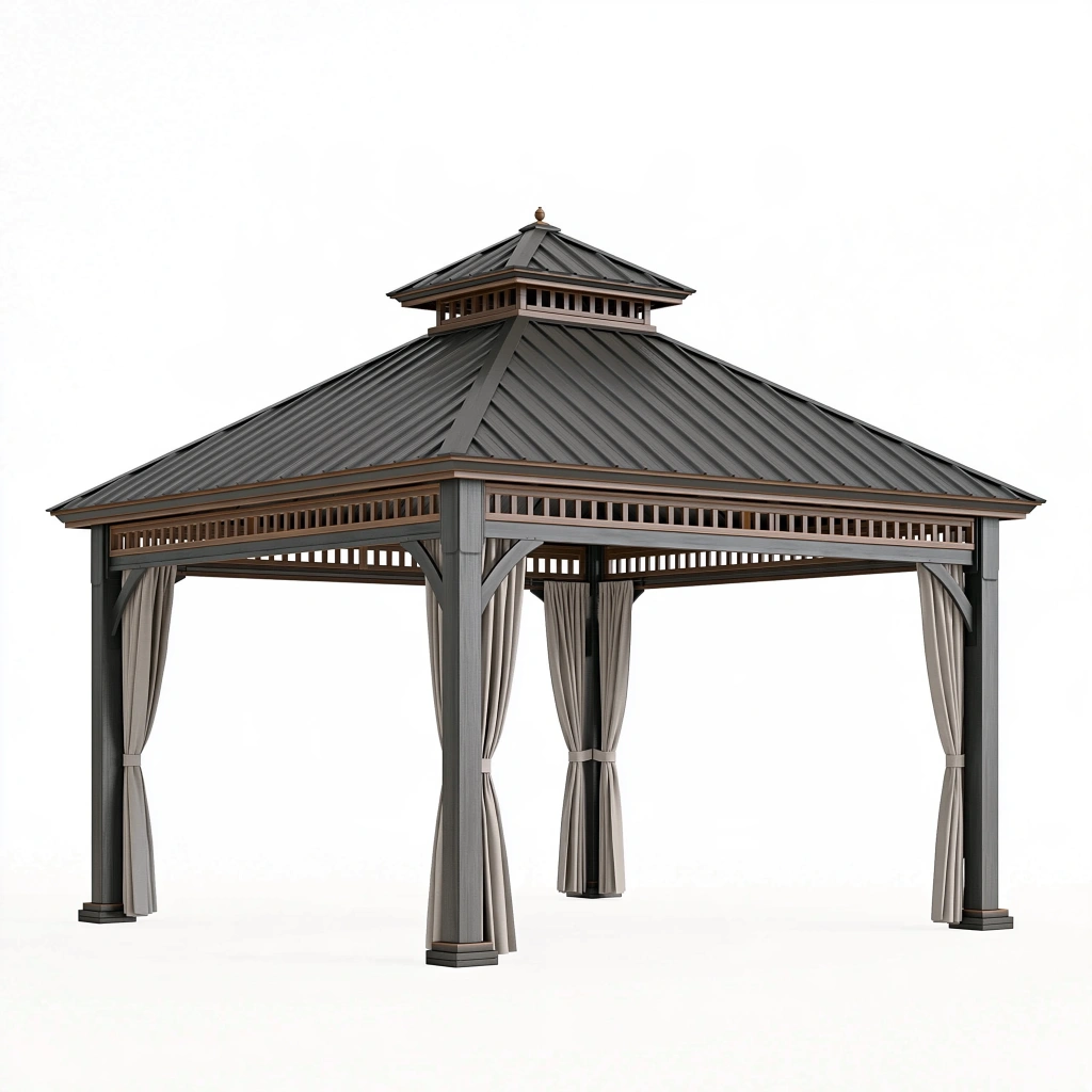 Gartenpavillon 300 x 300 cm aus Metall in Anthrazit mit Vorhängen und Belüftungsdach