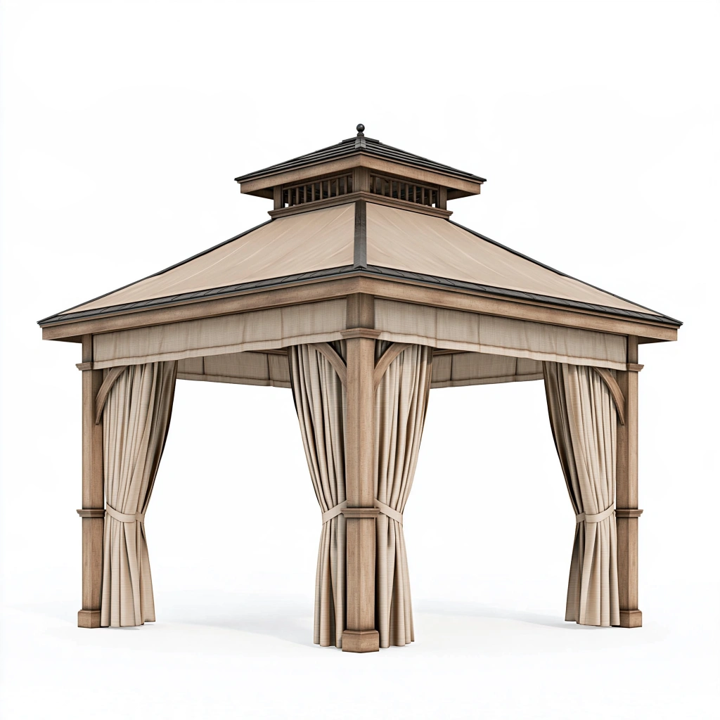 Gartenpavillon 300 x 300 x 280 cm aus Holz in Beige mit Stoffvorhängen und Dach