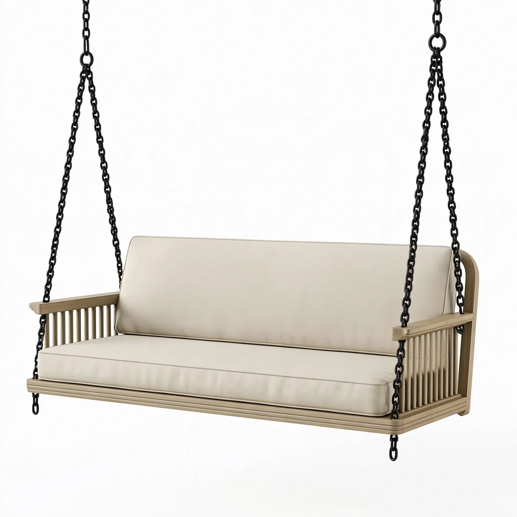 Hängesitzbank 150 x 70 x 55 cm aus Holz in Beige - Sitzbank mit Metallketten für überdachte Außenbereiche