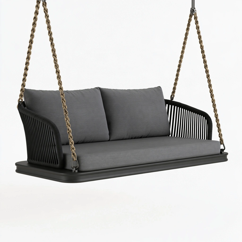 Hängeschaukel 150 x 80 x 190 cm aus Metall und geflochtenem Seil in Schwarz Grau für den Außenbereich