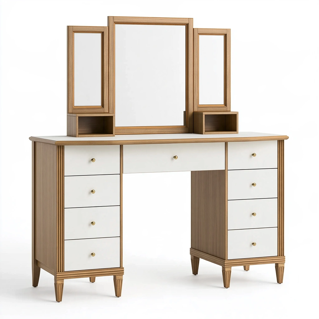 Schminktisch 120 x 45 x 155 cm Holzwerkstoff Weiß Naturbraun mit Spiegeln und 9 Schubladen klassischer Stil