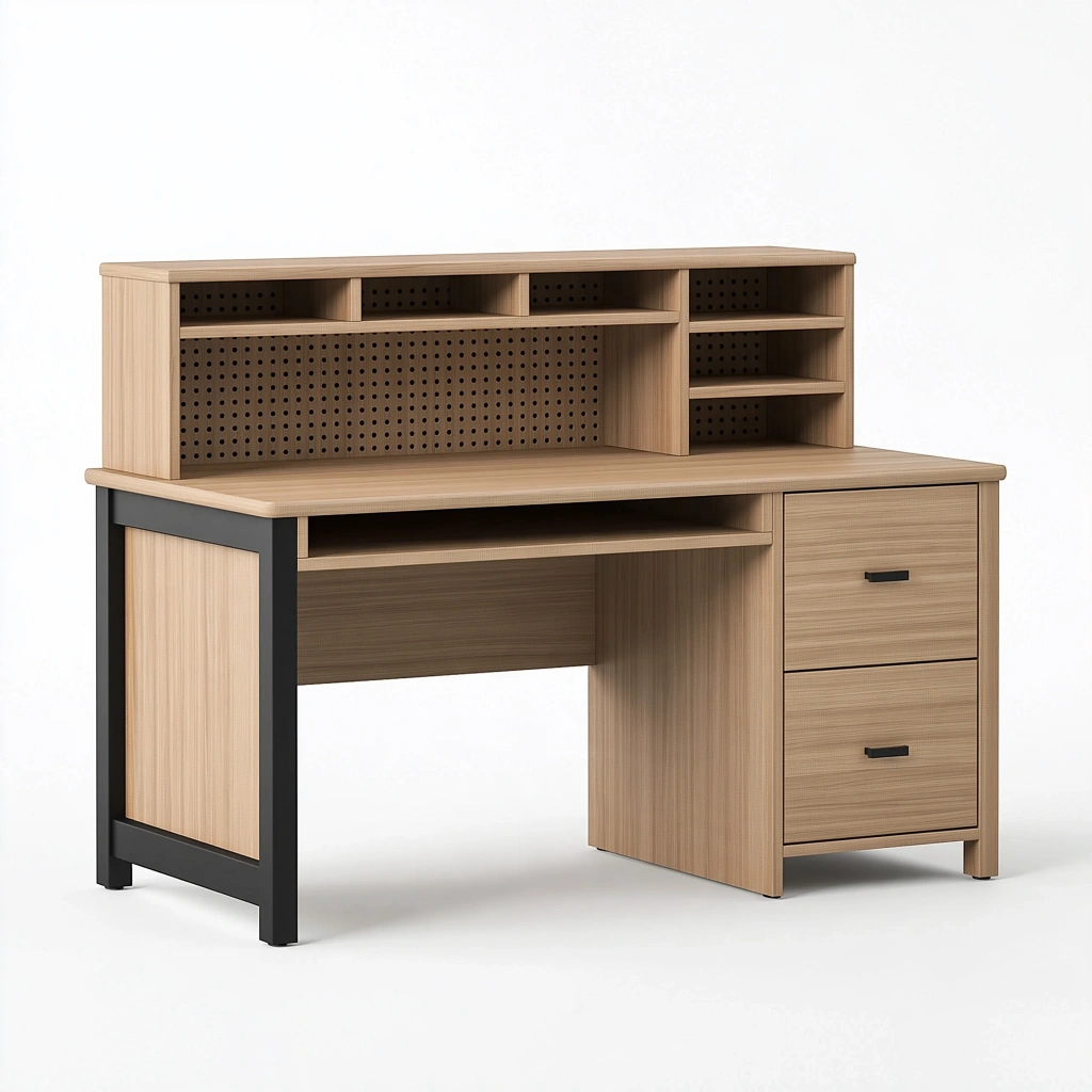Schreibtisch 120 x 60 x 110 cm Holzwerkstoff Naturbraun mit Metallgestell und Stauraum