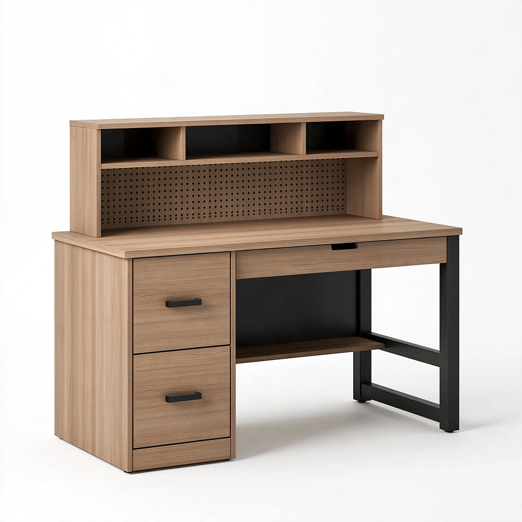 Schreibtisch 120 x 60 x 110 cm Holzoptik Schwarz mit Aufsatz Stauraum und Metallgestell