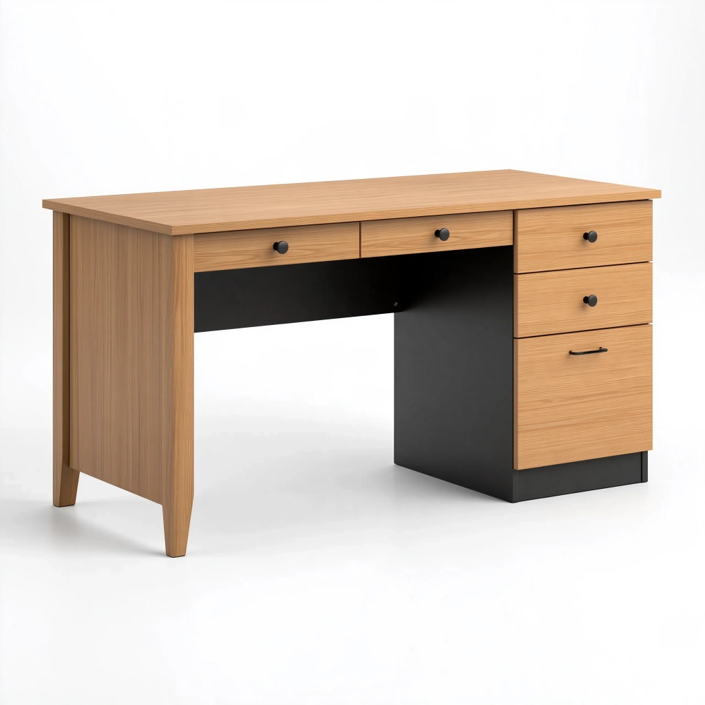 Schreibtisch 140 x 60 x 75 cm Holzwerkstoff Natur/Schwarz mit 5 Schubladen